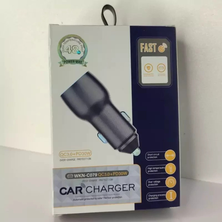 فندکی ماشین و شارژر خودرو دو پورت فست شارژ تایپ سی مدلWKN-C079